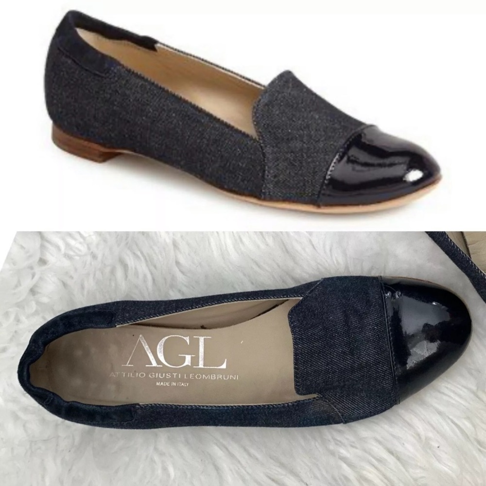 AGL Patent Leather & Denim Cap Toe Loafers
